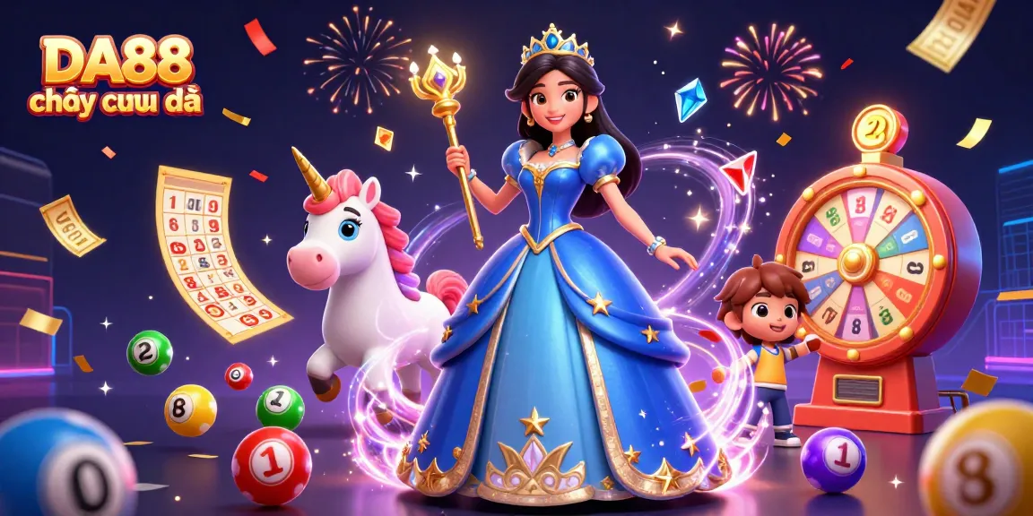 Engage in thrilling gameplay with DA88 chơi cực đã, featuring a vibrant 3D scene full of lottery balls and magical elements.