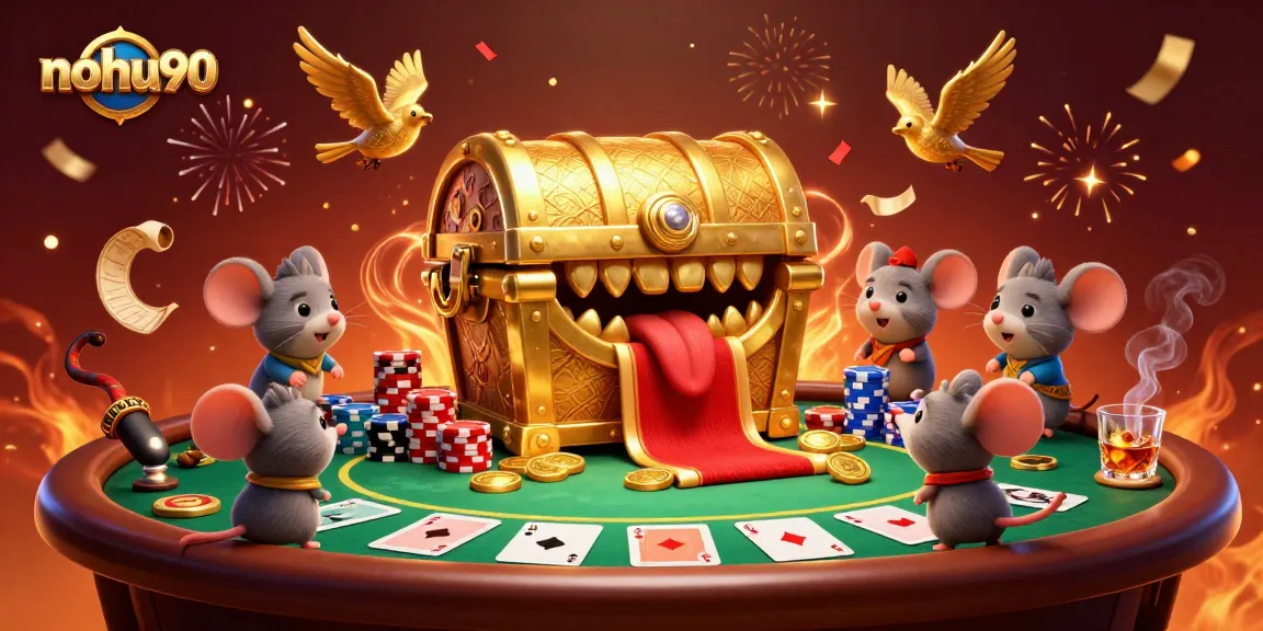 Engage with nohu90's thrilling casino experience featuring vibrant treasure chests and poker elements.