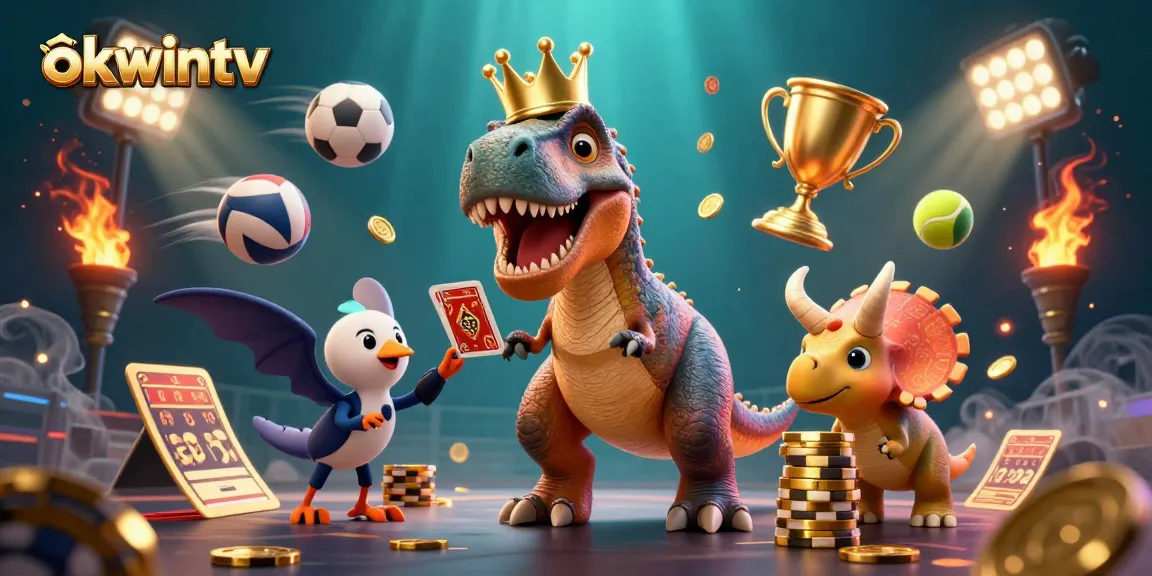 Experience thrilling gameplay with okwintv as cartoon dinosaurs play cards and stack chips.