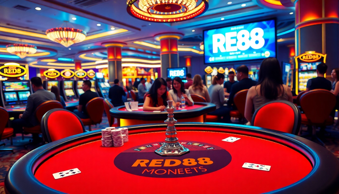 Experience the thrill of gaming at https://red88.day/ with luxurious casino elements like poker chips and a roulette wheel.