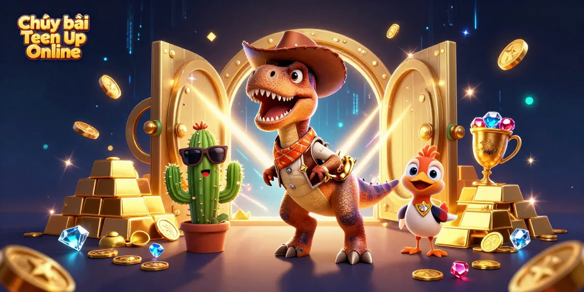 Play Chơi bài Tiến lên Online in a vibrant 3D scene filled with treasures and dynamic characters.