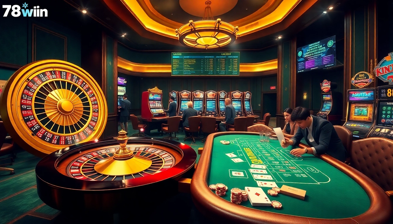 Engaging players experiencing excitement at the Trang chủ 78Win casino, featuring roulette and poker.