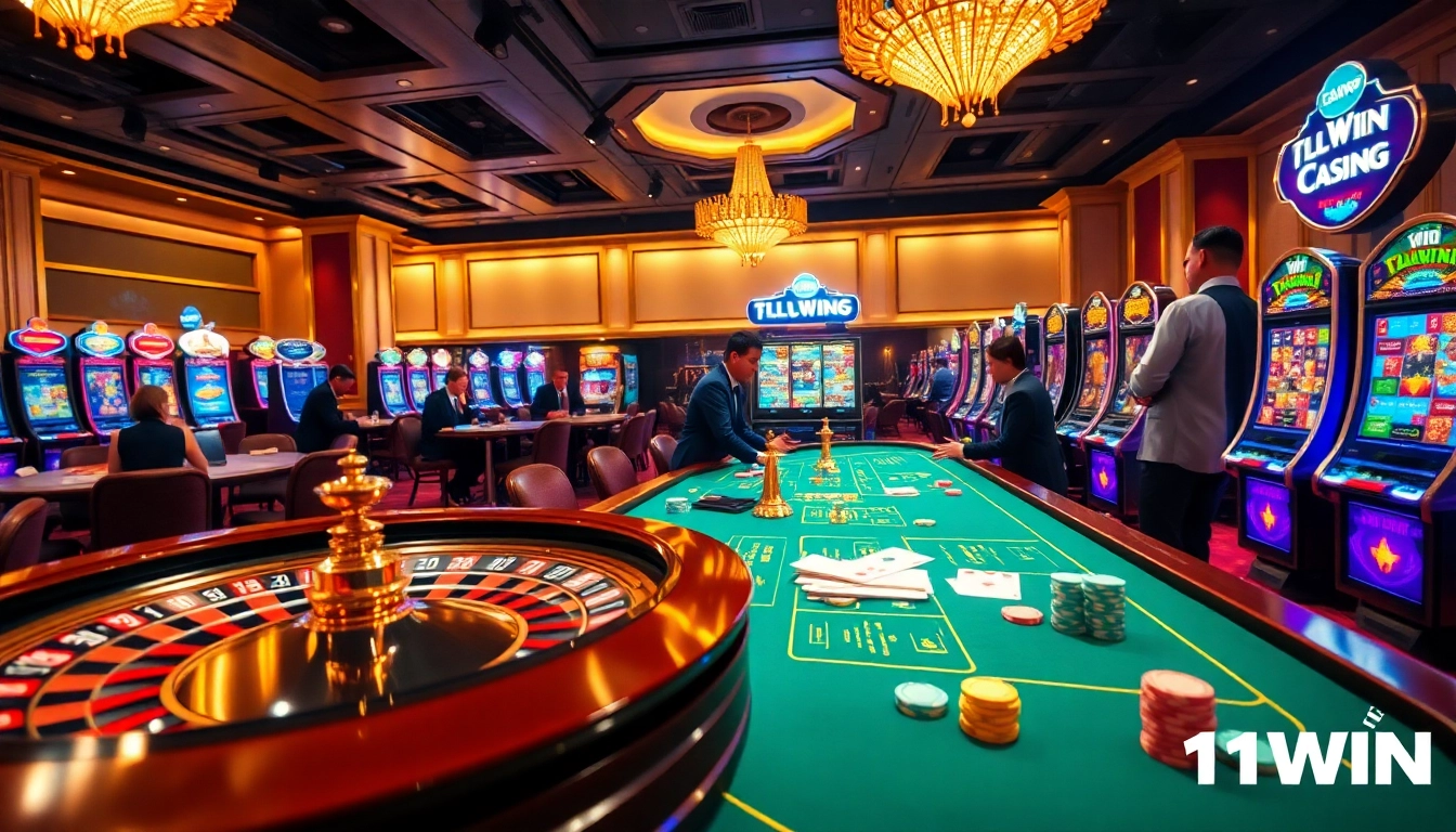 Engage in the thrilling atmosphere of 11WIN with vibrant casino tables and dynamic slot machines.