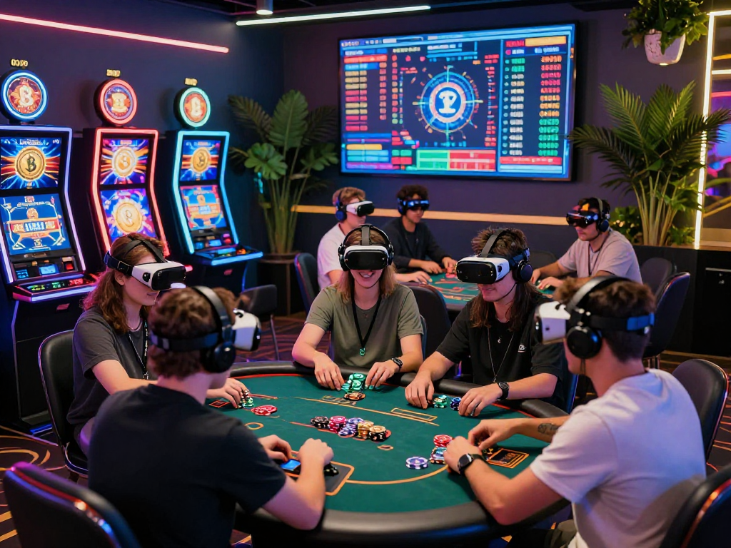 Exciting crypto casino scene with players enjoying digital poker and vibrant neon lights.