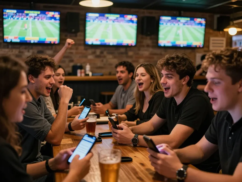 Patrons enjoying sports betting excitement at a bar, with red88de apps open on their phones.