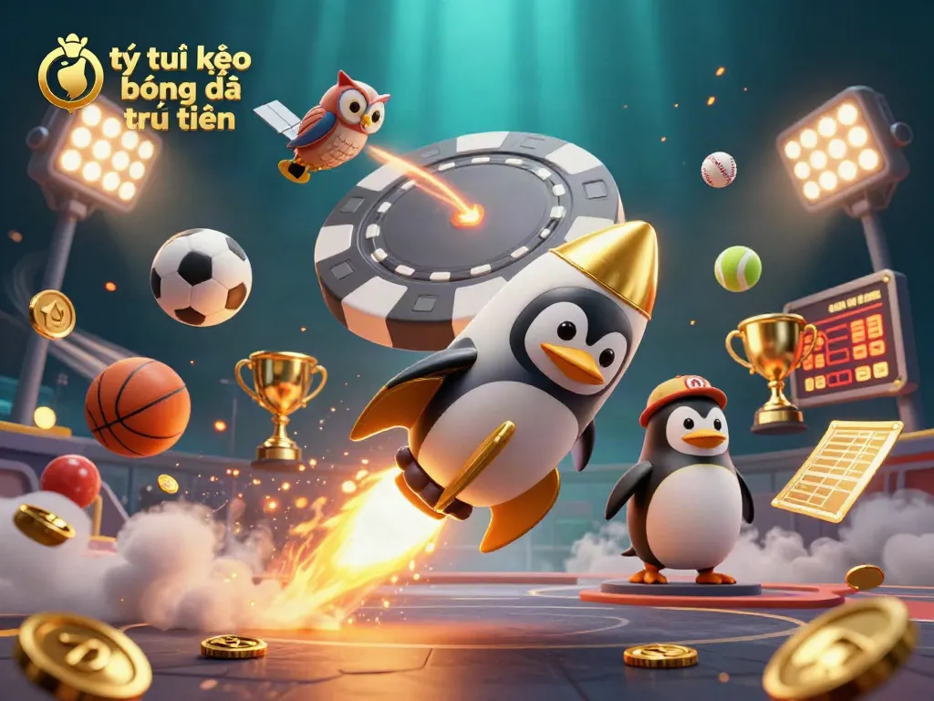 Engage with tỷ lệ kèo bóng đá trực tuyến through dynamic sports betting elements and characters in an exciting 3D illustration.