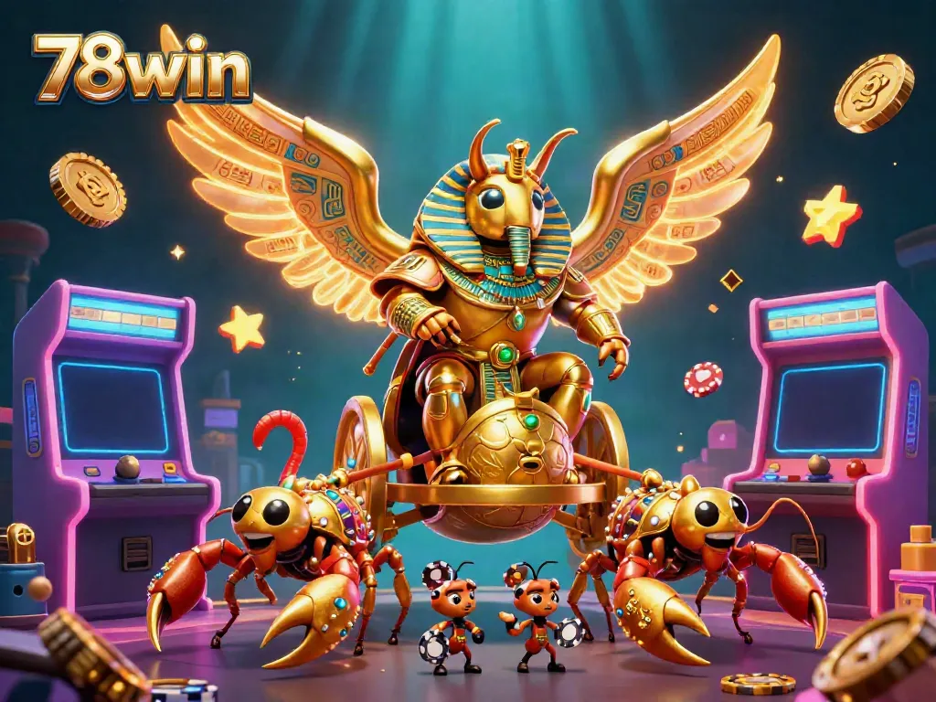 Watch the 78win golden scarab beetle ride in a vibrant casino scene filled with arcade games and poker chips.