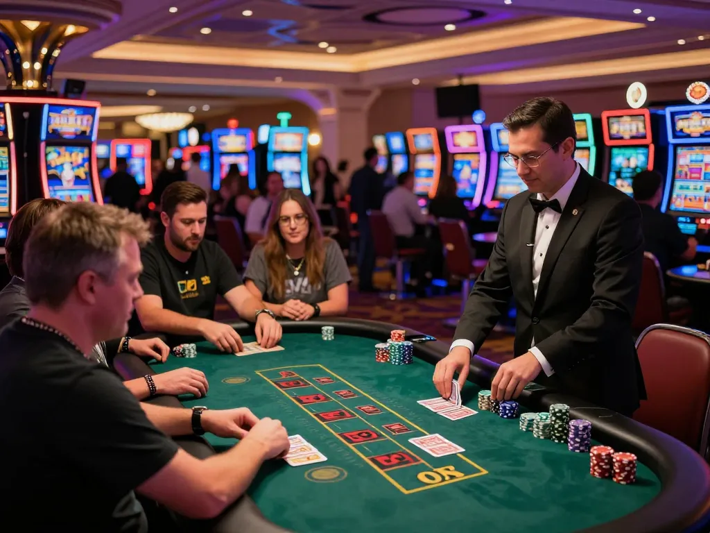 VA88 blackjack players strategizing and placing bets in a vibrant Las Vegas casino