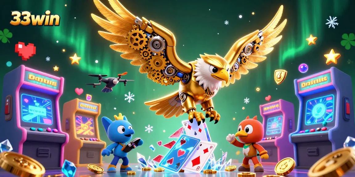 33win showcases a dynamic 3D illustration of a cybernetic eagle among casino and gaming elements.