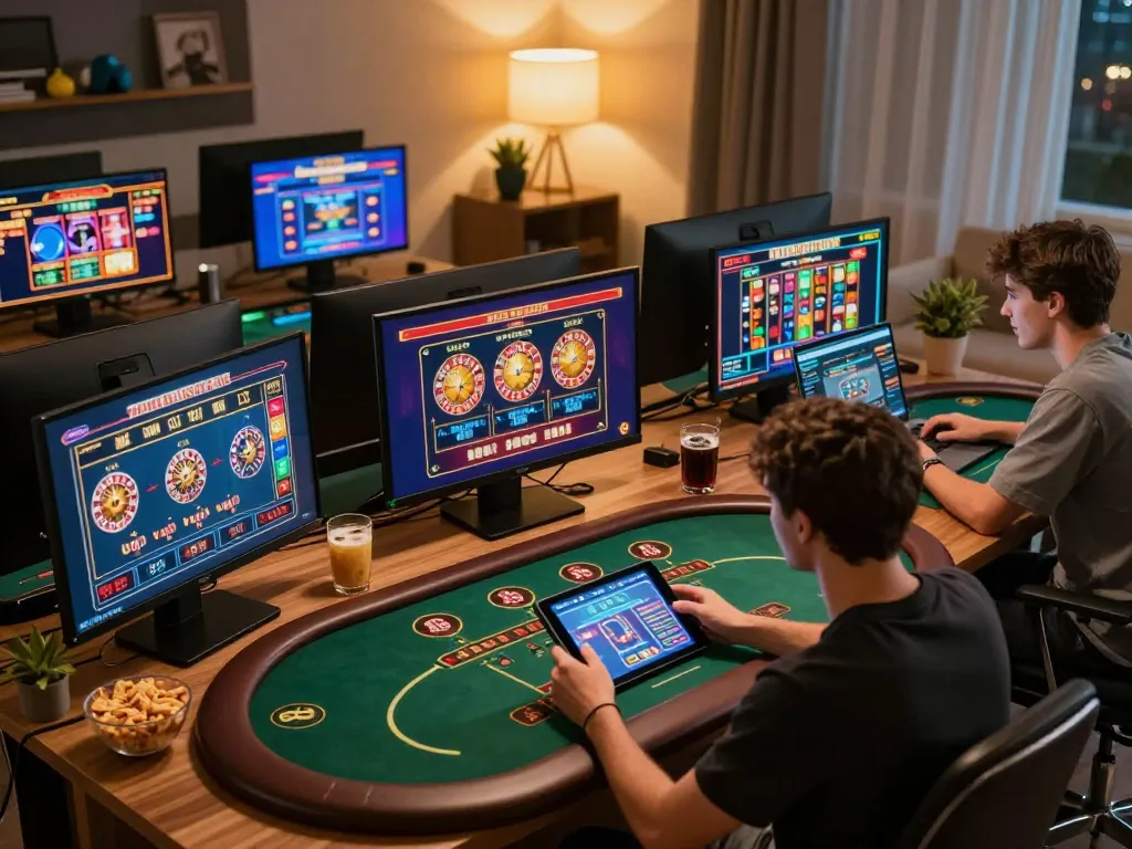 Player engaged in 28bets online casino games on tablet and laptop in cozy home setting
