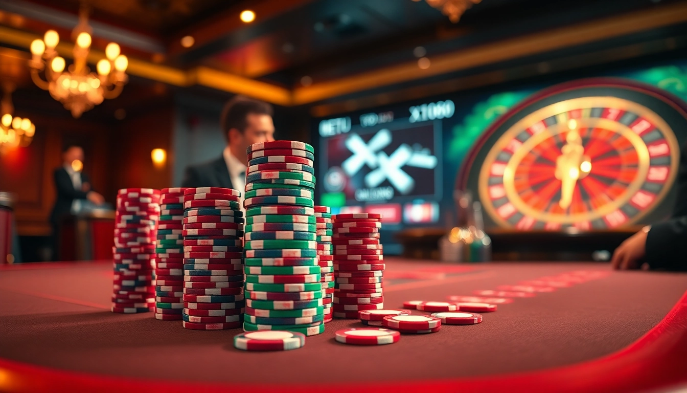Players enjoying an exciting game of poker at XX88 casino, with vibrant chips and a roulette wheel in view.
