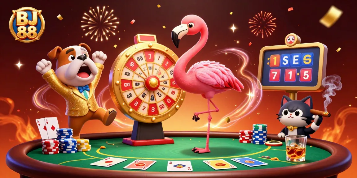 BJ 88 ignites excitement with a festive casino scene featuring a vibrant game show host and playful bulldog
