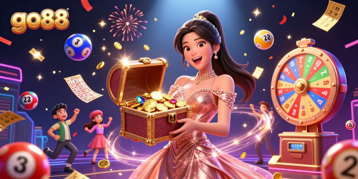 Engage in thrilling gameplay at go88 with a joyful woman presenting treasures in a vibrant casino scene.