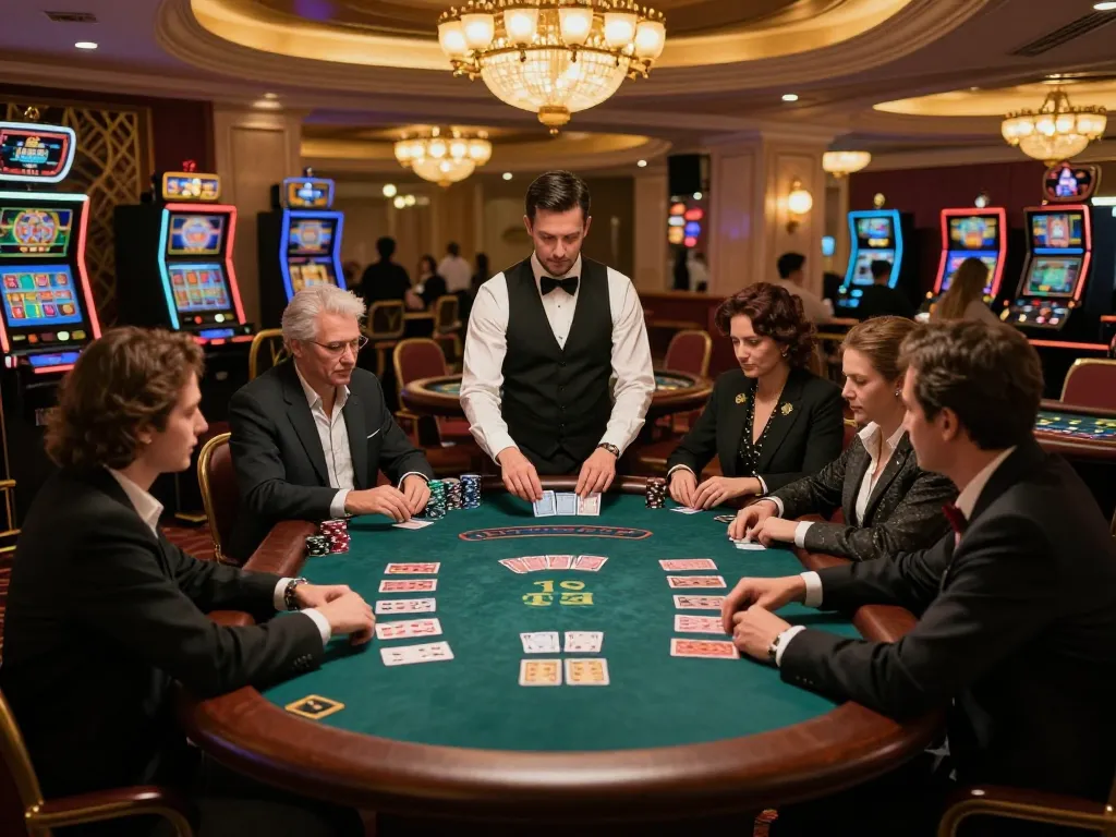 FABET blackjack game in a luxury casino, players engaged and dealer dealing cards, vibrant ambiance.
