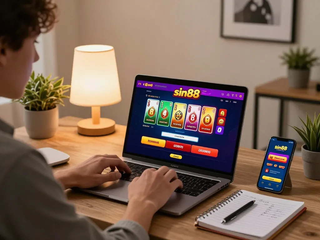 Engaged player enjoying the sin88 online casino gaming experience from home with strategic notes.