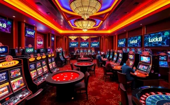 Players enjoying a lively game scene at Luck8 casino with vibrant slot machines and glamorous tables.