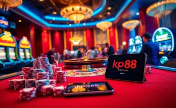 Experience the excitement of the kp88 app through a vibrant casino scene with engaging games and cocktails.