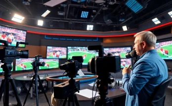 Engaging anchor delivering sports broadcasting news in a vibrant studio environment.