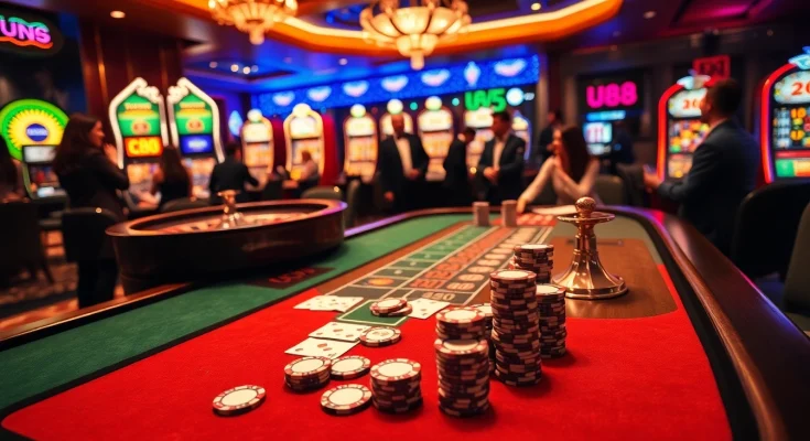 Players engaging in thrilling U88 casino action at a luxurious table, showcasing excitement and strategy.