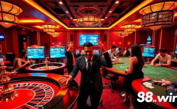 Online gaming atmosphere at 98win showcasing casino games, vibrant and exciting environment.