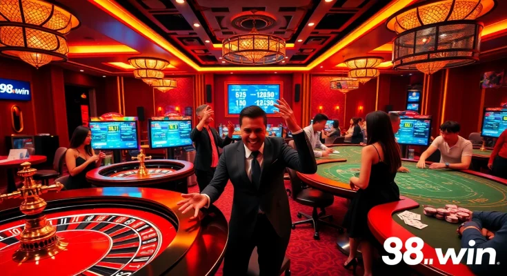 Online gaming atmosphere at 98win showcasing casino games, vibrant and exciting environment.