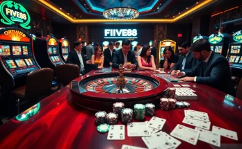 Enhance your gambling experience at FIVE88 with a vibrant casino scene featuring roulette and poker.