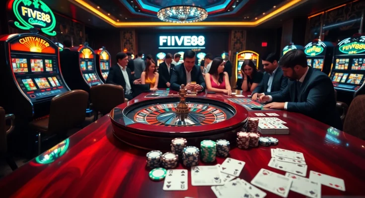 Enhance your gambling experience at FIVE88 with a vibrant casino scene featuring roulette and poker.