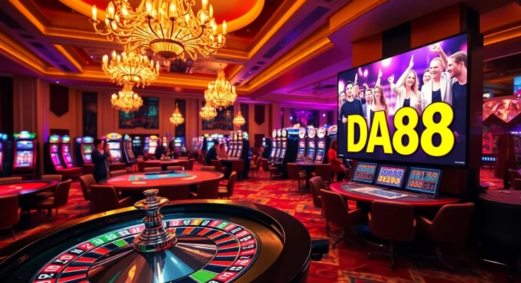 Players strategize at the casino, with the DA88 roulette wheel prominently featured on the vibrant gaming floor.
