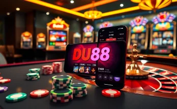 Experience the excitement of online gambling with DU88's vibrant casino atmosphere, featuring poker chips and roulette wheels.