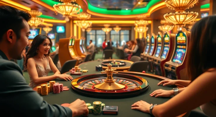 SIN88 betting table with vibrant chips and slot machines showcasing gambling excitement