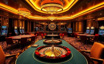 A vibrant casino interior at https://lode88.network/ showcasing poker tables and slot machines with an exciting atmosphere.