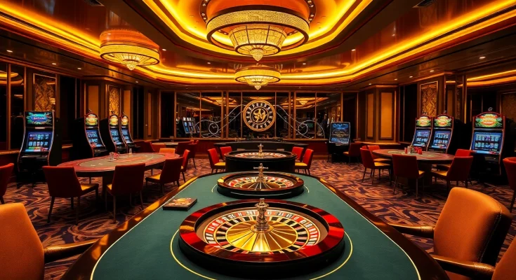 A vibrant casino interior at https://lode88.network/ showcasing poker tables and slot machines with an exciting atmosphere.