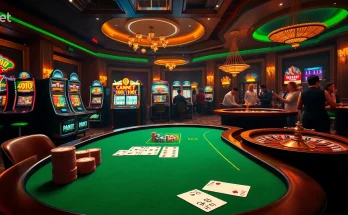 Experience the thrill of online gambling at https://9bet.living/ with an elegant casino scene featuring poker tables and slot machines.
