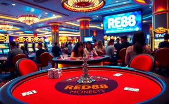 Experience the thrill of gaming at https://red88.day/ with luxurious casino elements like poker chips and a roulette wheel.