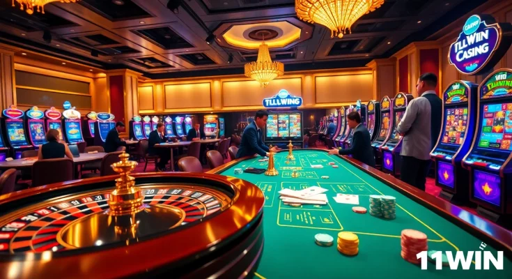 Engage in the thrilling atmosphere of 11WIN with vibrant casino tables and dynamic slot machines.