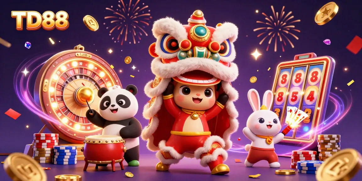 Experience exciting gambling at TD88 with vibrant casino scene filled with festive characters and dynamic game elements.