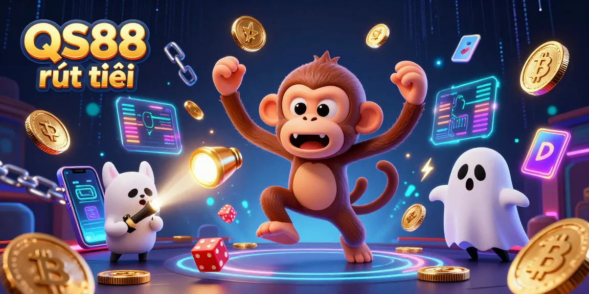 Experience QS88 rút tiền with a playful poltergeist monkey and curious puppy in a vibrant casino.