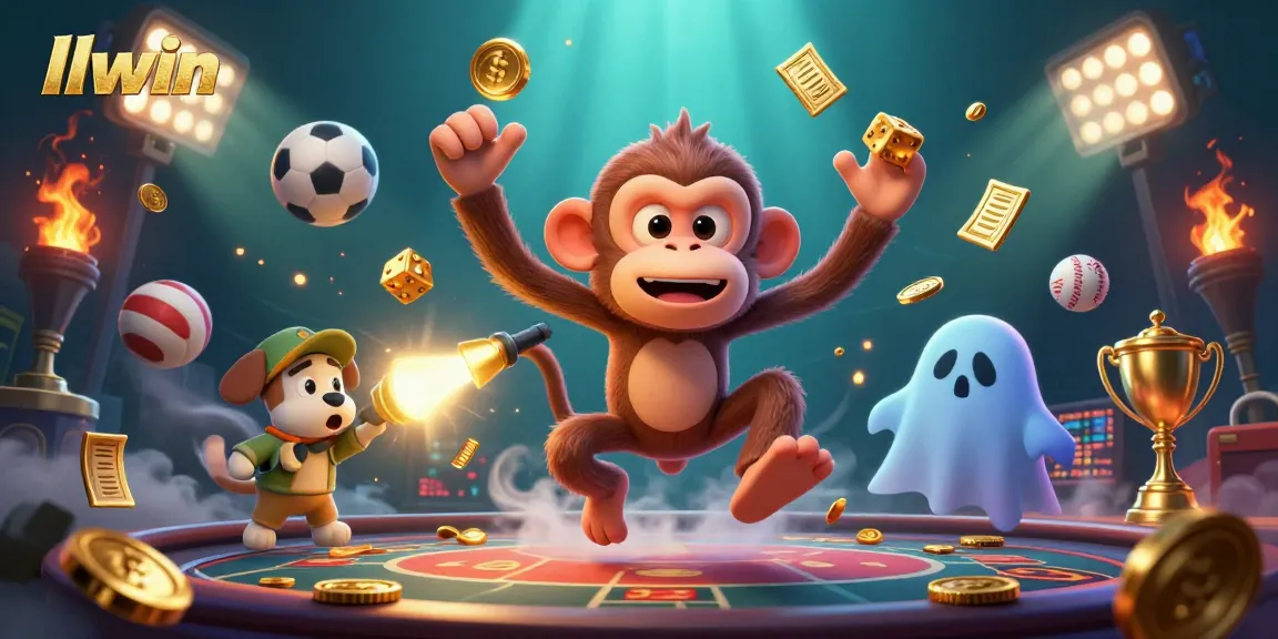 Engage with llwin's ghostly adventures as a poltergeist monkey interacts in a vibrant casino.