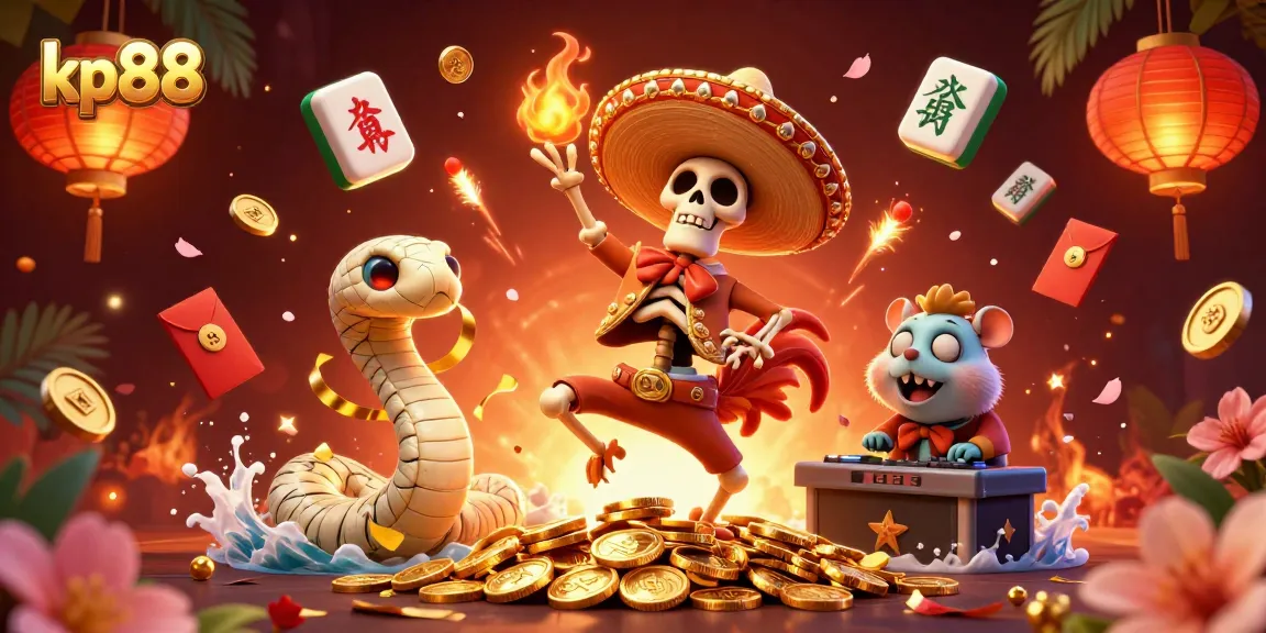 Spin and win with kp88 in this vibrant 3D casino scene filled with energetic characters and winning symbols.