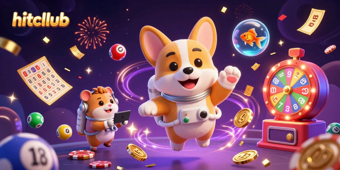 Join the fun at hitcllub with a corgi astronaut in a vibrant casino scene filled with games.